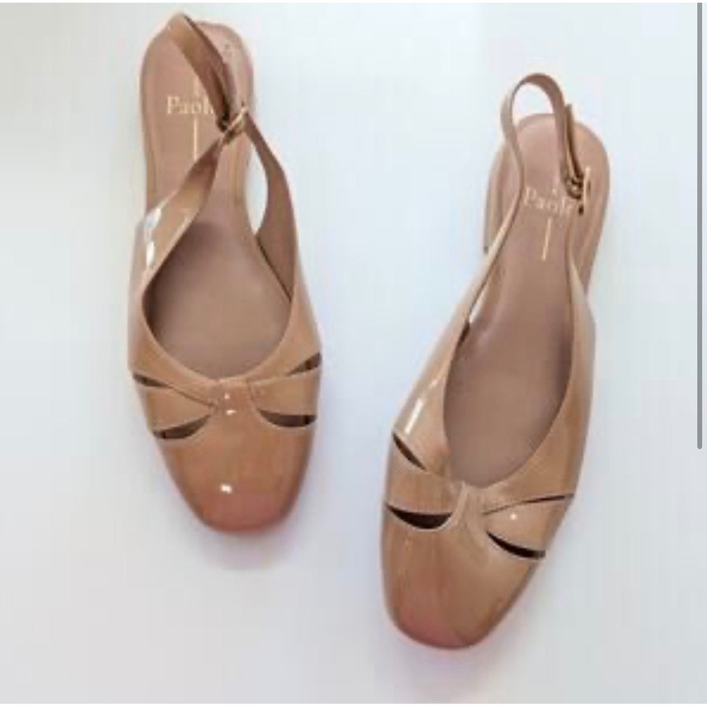 Linea Paolo Nude Patent Leather Slingback Flats Square Toe Cutout Tan Shoes 7.5
